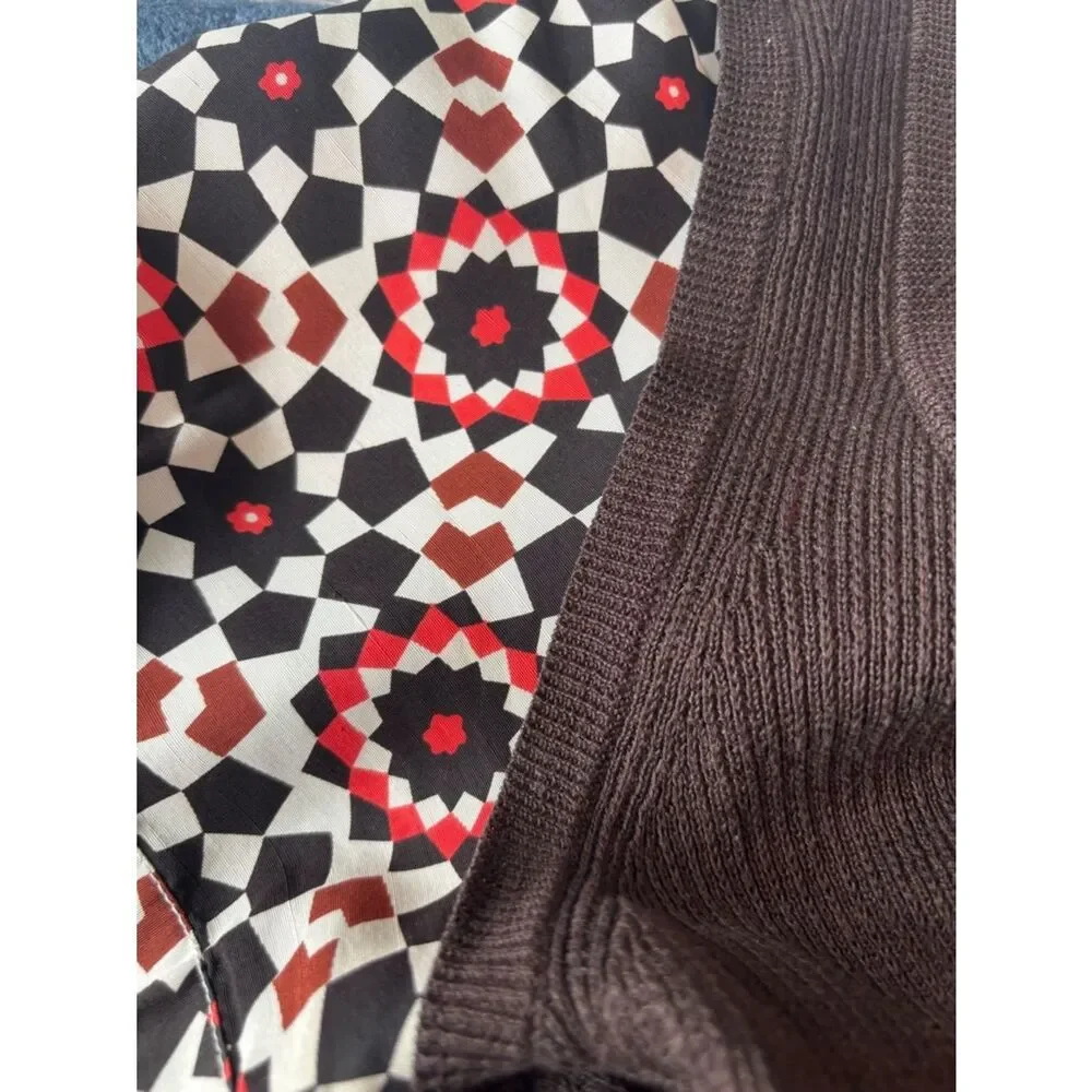 Tory Burch Brown Knit Midi Dress with Printed Puff-Sleeve Blouse